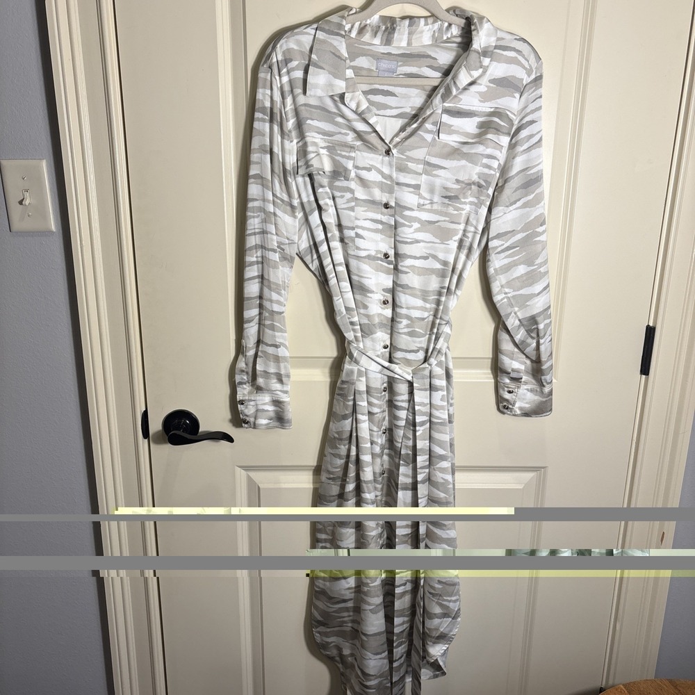 Chico's Neutral Print Maxi Dress Button Front Long‎ Sleeve Belted Size 2 (12/14)